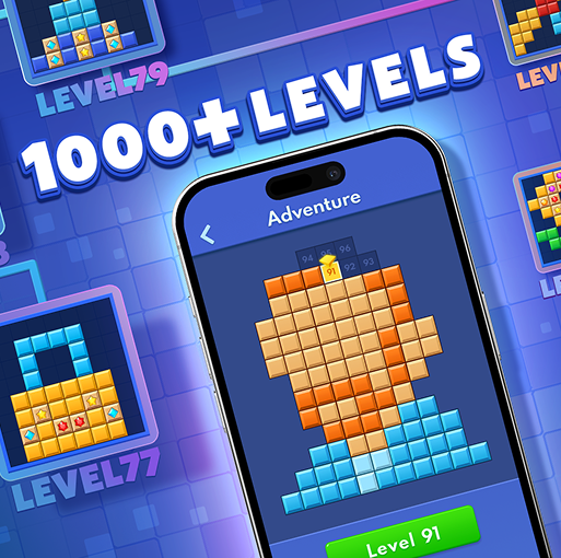 Screenshot showing over 1000+ levels on a mobile phone